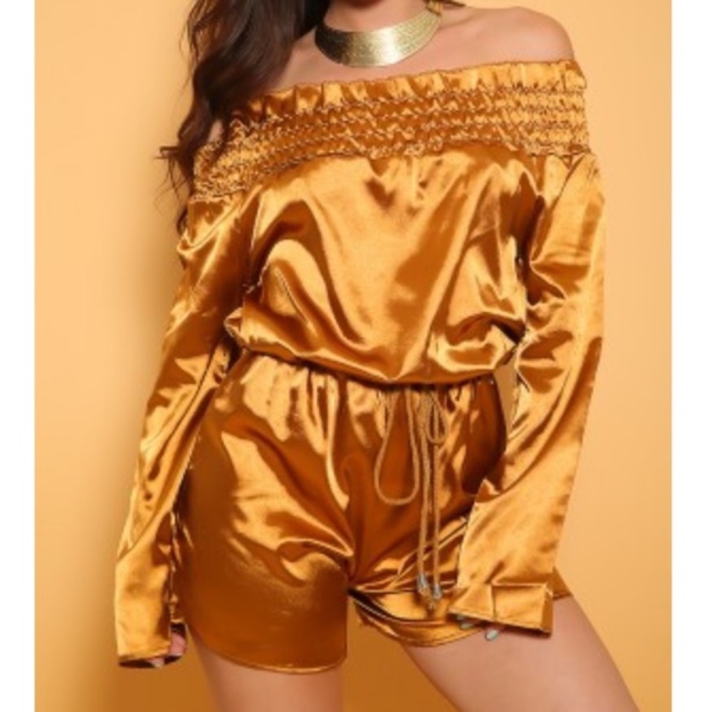 Gold Satin Ruffle Off Shoulder Long Sleeve Romper
